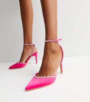 New Look Bright Pink Satin Diamante Trim 2 Part Stiletto Heel Sandals
